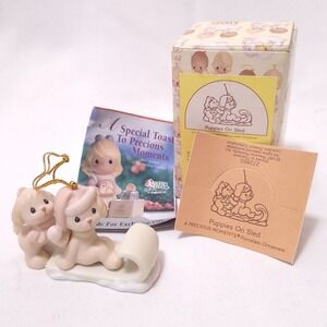 Precious Moments "Puppies on Sled" Porcelain Ornament 1997 Enesco Christmas